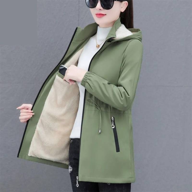 Herbst Winter Damen Windbreaker Samt Warm Mittel Lang Kapuzen Trenchcoat Koreanische Damen Oberteile Damen Jacke Slim Oberbekleidung M grün von Joom DACH
