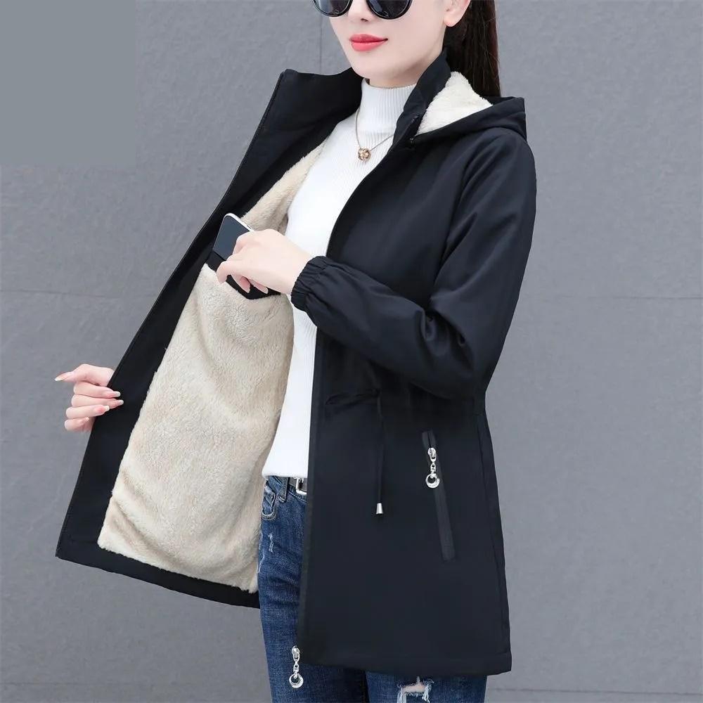 Herbst Winter Damen Windbreaker Samt Warm Mittel Lang Kapuzen Trenchcoat Koreanische Damen Oberteile Damen Jacke Slim Oberbekleidung XL schwarz von Joom DACH