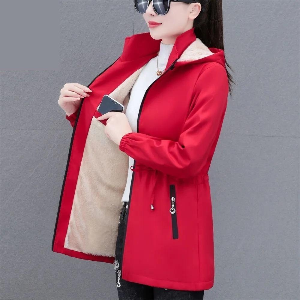 Herbst Winter Damen Windbreaker Samt Warm Mittel Lang Kapuzen Trenchcoat Koreanische Damen Oberteile Damen Jacke Slim Oberbekleidung XXL rot von Joom DACH
