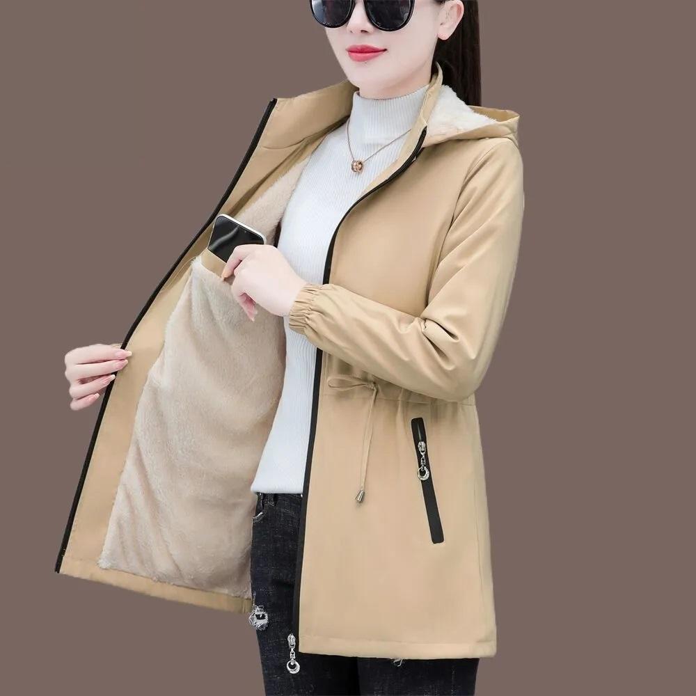 Herbst Winter Damen Windbreaker Samt Warm Mittel Lang Kapuzen Trenchcoat Koreanische Damen Oberteile Damen Jacke Slim Oberbekleidung XXL khaki von Joom DACH