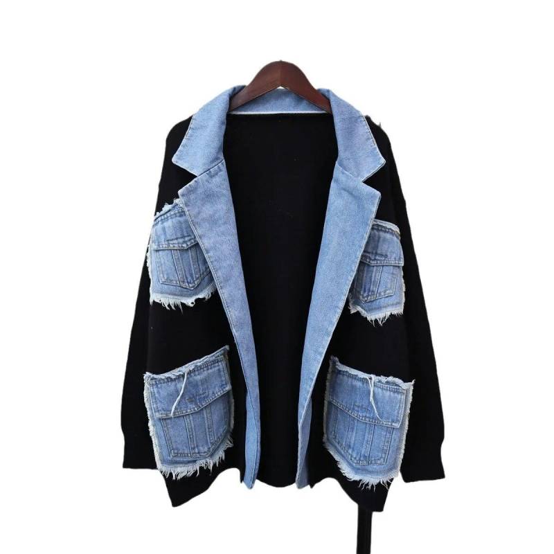 Herbst Winter Denim Tasche Gespleißt Frauen Pullover Jacke Casual Vielseitige Stricken Weibliche Strickjacken Mantel Tops One Size schwarz von Joom DACH