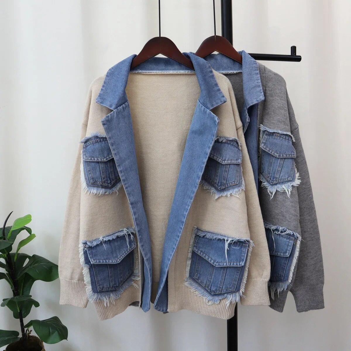 Herbst Winter Denim Tasche Gespleißt Frauen Pullover Jacke Casual Vielseitige Stricken Weibliche Strickjacken Mantel Tops One Size beige von Joom DACH