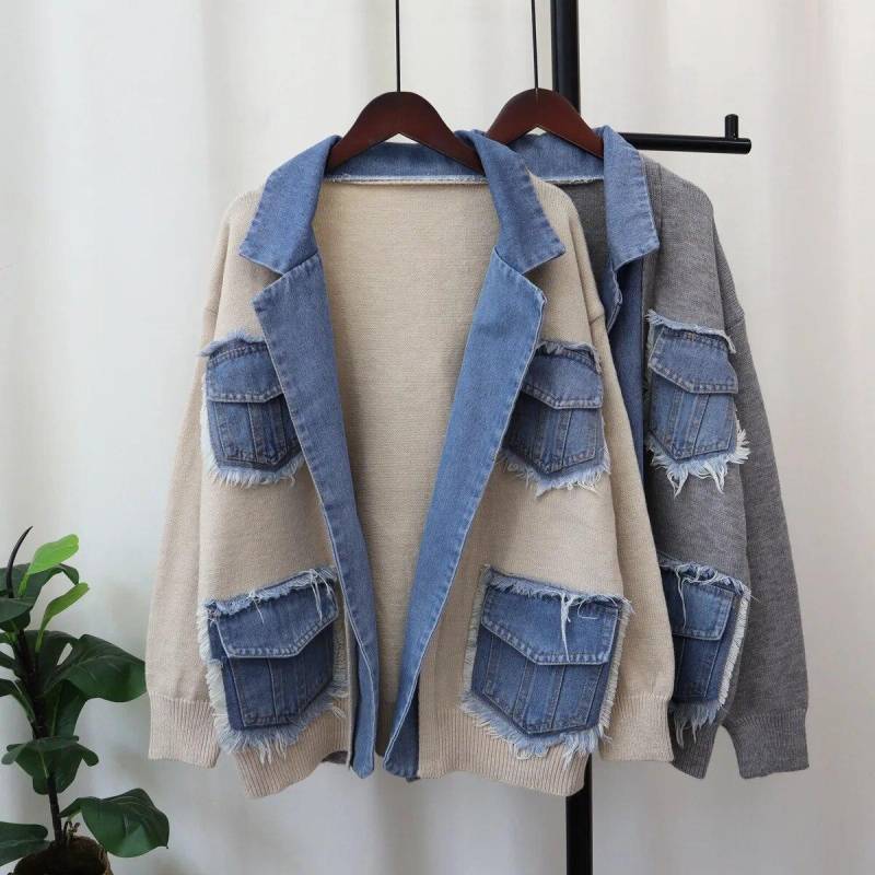 Herbst Winter Denim Tasche Gespleißt Frauen Pullover Jacke Casual Vielseitige Stricken Weibliche Strickjacken Mantel Tops One Size beige von Joom DACH