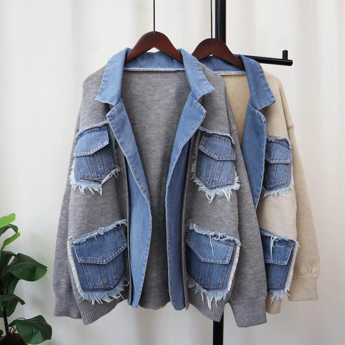 Herbst Winter Denim Tasche Gespleißt Frauen Pullover Jacke Casual Vielseitige Stricken Weibliche Strickjacken Mantel Tops One Size graue von Joom DACH
