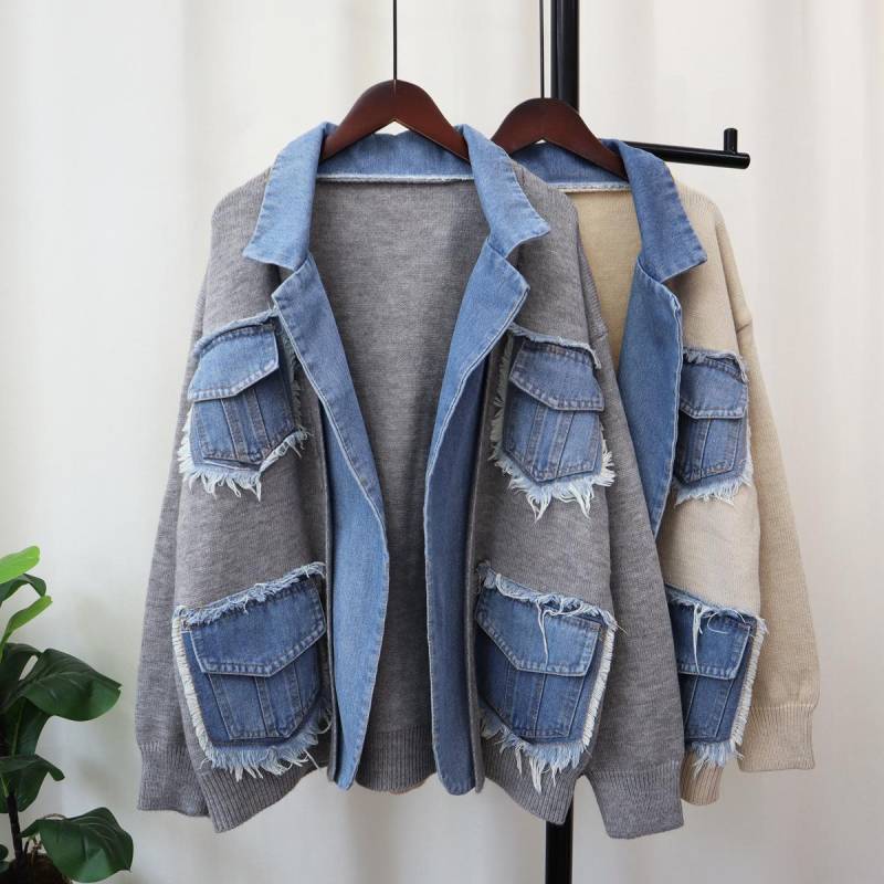 Herbst Winter Denim Tasche Gespleißt Frauen Pullover Jacke Casual Vielseitige Stricken Weibliche Strickjacken Mantel Tops One Size graue von Joom DACH