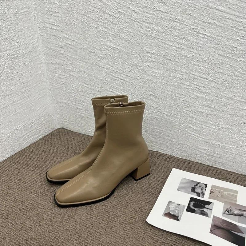 Herbst Winter Design Absatz Stiefelette Mode Eckige Zehe Reißverschluss Damen Lässige Chelsea Boots Schuhe Weiches Leder Kurzer Stiefel 35 khaki von Joom DACH