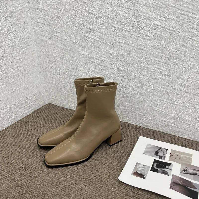 Herbst Winter Design Absatz Stiefelette Mode Eckige Zehe Reißverschluss Damen Lässige Chelsea Boots Schuhe Weiches Leder Kurzer Stiefel 35 khaki von Joom DACH