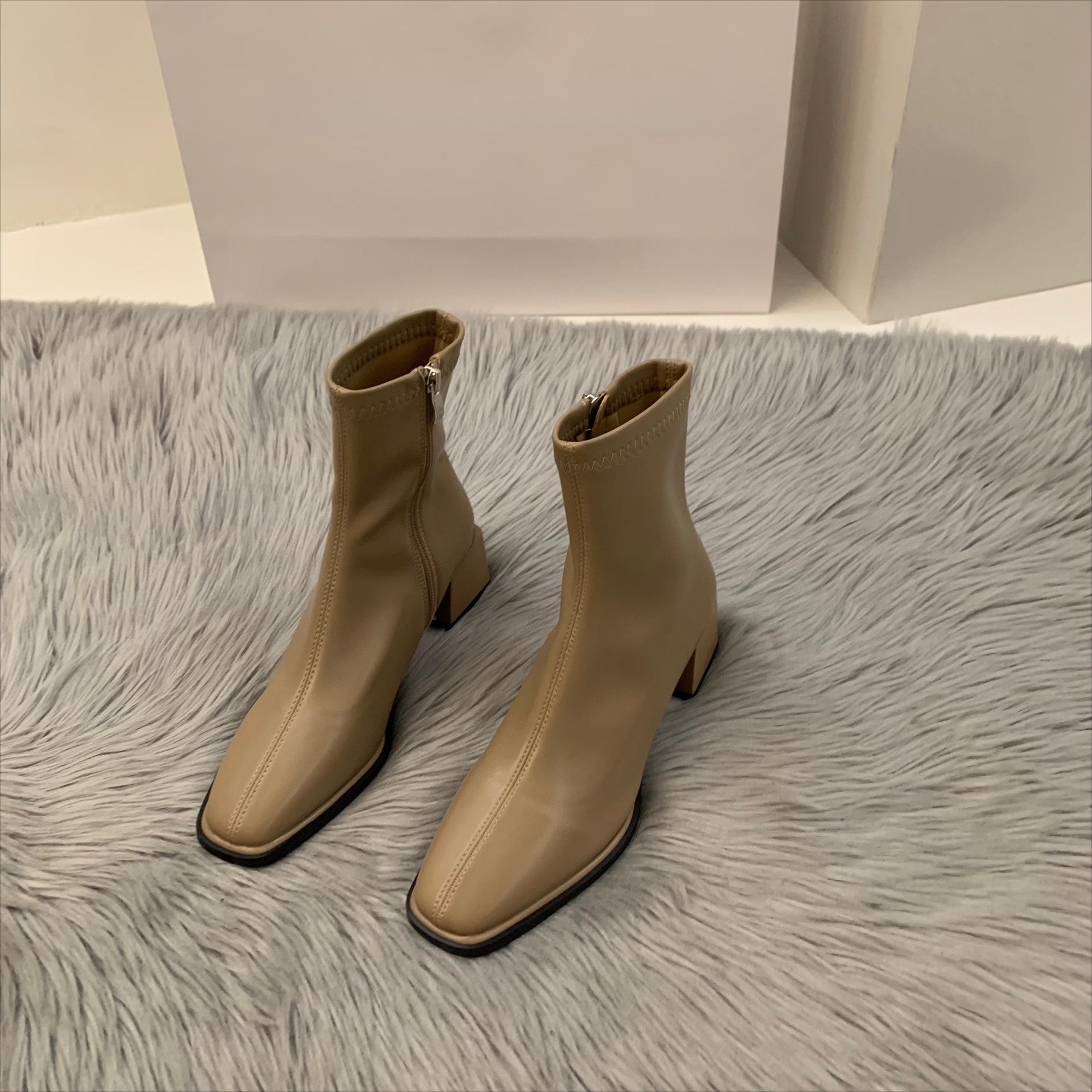 Herbst Winter Design Absatz Stiefelette Mode Eckige Zehe Reißverschluss Damen Lässige Chelsea Boots Schuhe Weiches Leder Kurzer Stiefel 39 khaki von Joom DACH