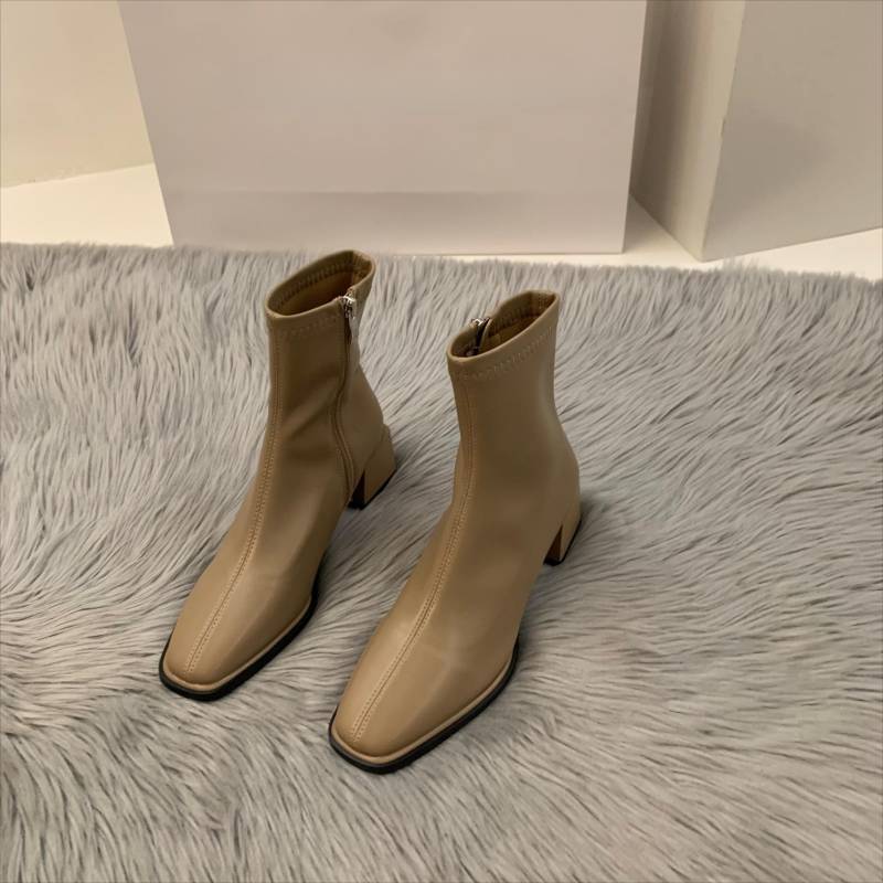 Herbst Winter Design Absatz Stiefelette Mode Eckige Zehe Reißverschluss Damen Lässige Chelsea Boots Schuhe Weiches Leder Kurzer Stiefel 39 khaki von Joom DACH
