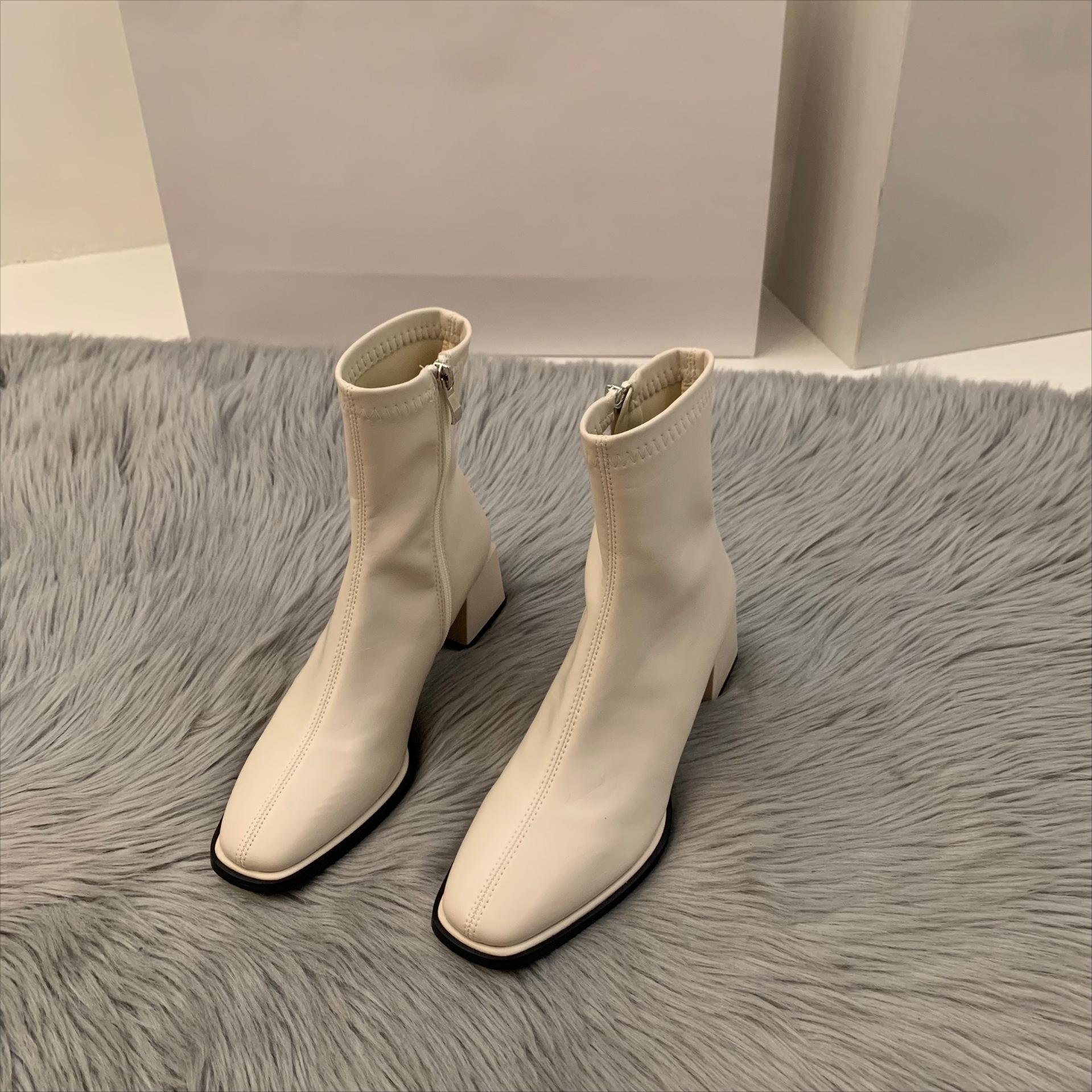 Herbst Winter Design Absatz Stiefelette Mode Eckige Zehe Reißverschluss Damen Lässige Chelsea Boots Schuhe Weiches Leder Kurzer Stiefel 39 beige von Joom DACH