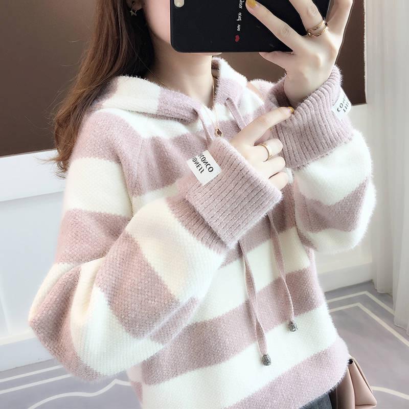 Herbst Winter Dicker Farbblockierender Gestreifter Pullover Pullover Frauen Imitation Nerzpullover Frauen Mohair Kapuzenpullover Oberbekleidung L von Joom DACH