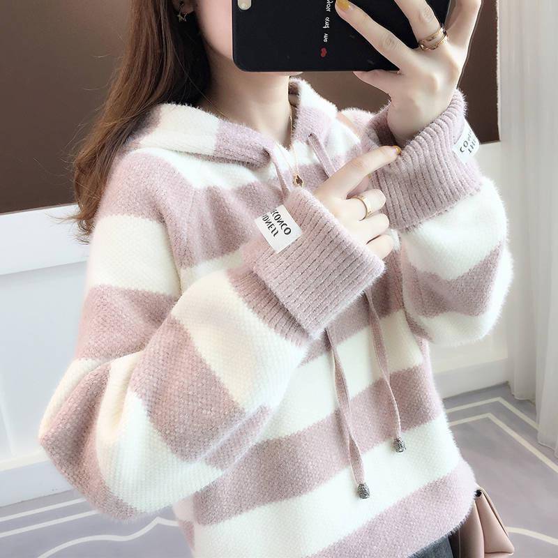 Herbst Winter Dicker Farbblockierender Gestreifter Pullover Pullover Frauen Imitation Nerzpullover Frauen Mohair Kapuzenpullover Oberbekleidung L von Joom DACH