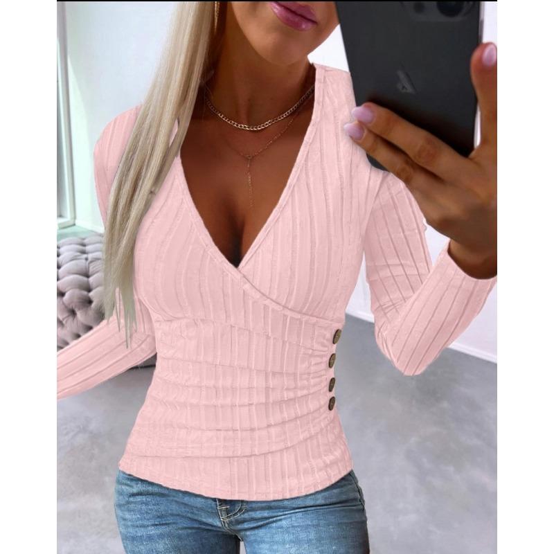 Herbst Winter Einfache Langarm Pullover Solide Stretch V-Ausschnitt Pullover Damen Gestricktes T-Shirt Top S rosa von Joom DACH