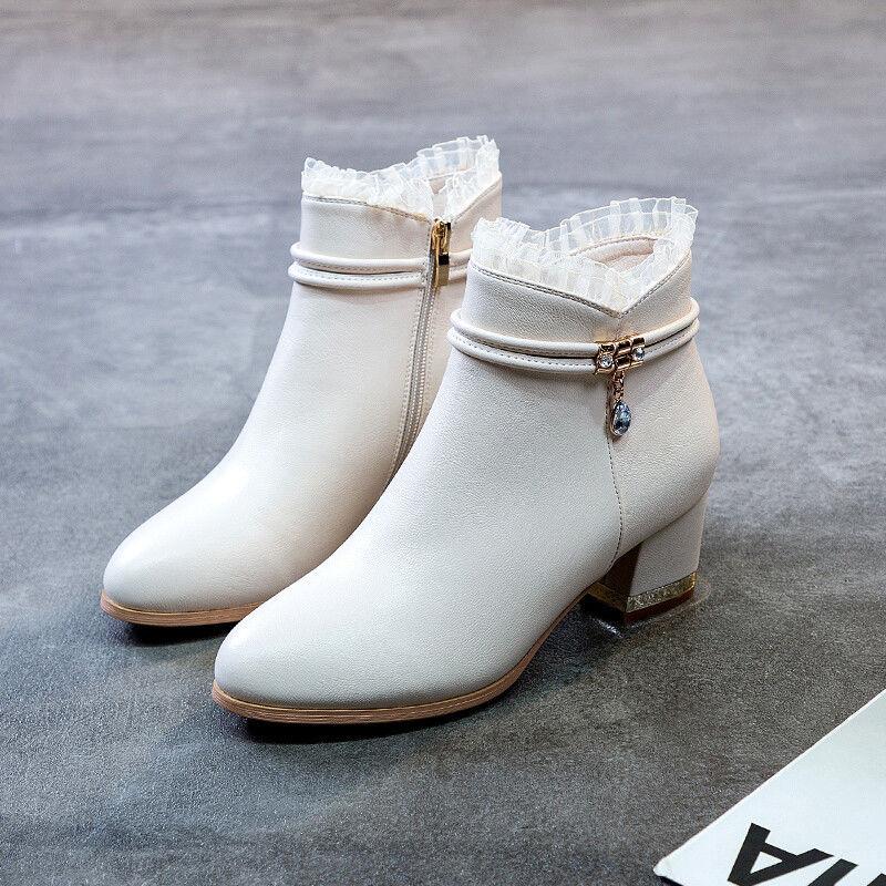 Herbst Winter Elegant mit Mittelhohen Absätzen Damen Kurze Schuhe Leder Wasserdicht Runde Zehe Damen Stiefeletten Ausverkauf Neu in Stiefeletten 39 von Joom DACH