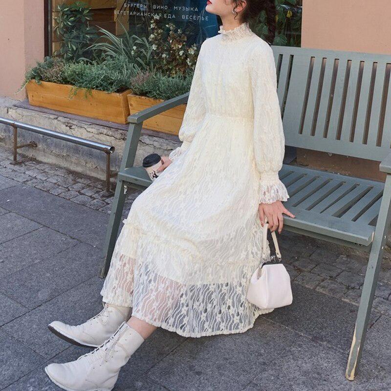 Herbst Winter Elegantes Kleid Vintage Spitze Mesh Langes Maxikleid Lässiges Damen Partykleid L von Joom DACH