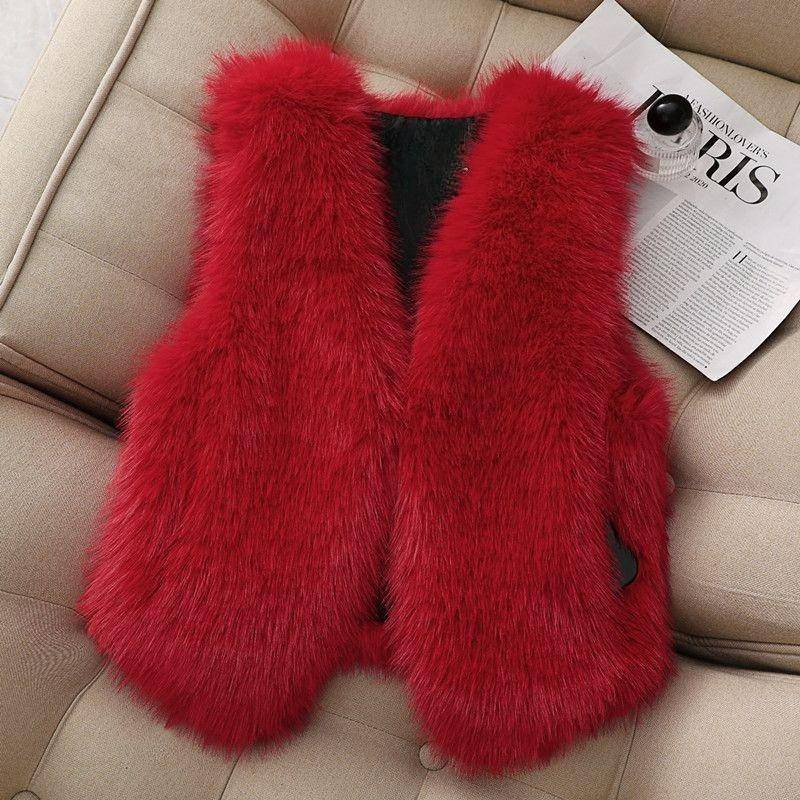 Herbst Winter Faux Fuchs Pelz Weste Kurzer Roter Mantel für Damen Süße und Warme Oberteile 6XL rot von Joom DACH