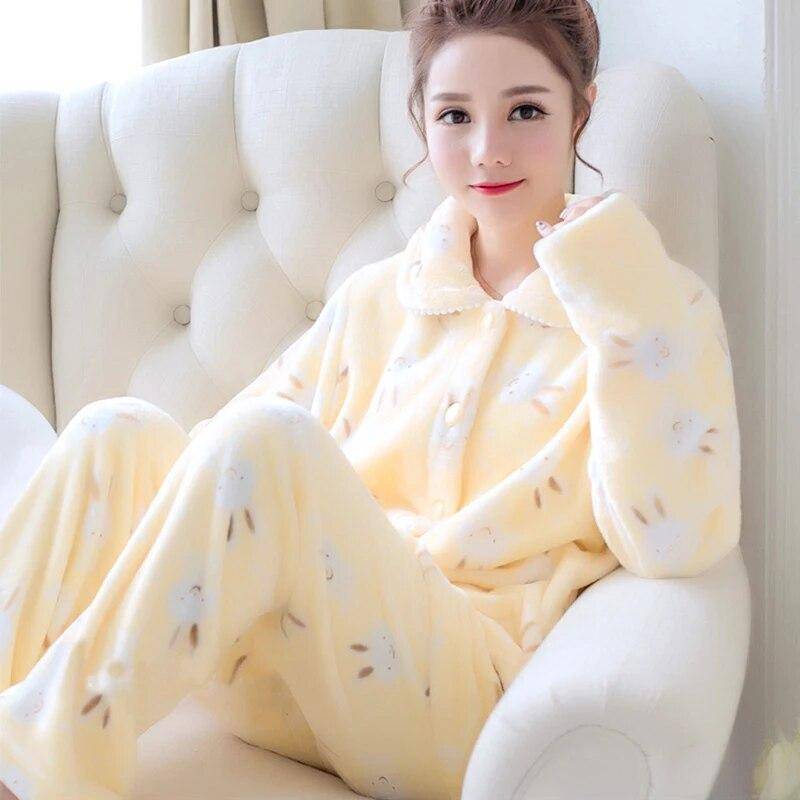 Herbst Winter Flanell frauen Pyjamas Sets Cartoon Gedruckt Nachtwäsche Warme Samt Homewear Set Kawaii Mädchen Pijamas Mujer Pyjamas 2XL gelb von Joom DACH