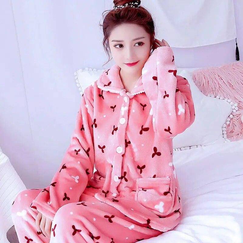 Herbst Winter Flanell frauen Pyjamas Sets Cartoon Gedruckt Nachtwäsche Warme Samt Homewear Set Kawaii Mädchen Pijamas Mujer Pyjamas 2XL rot von Joom DACH