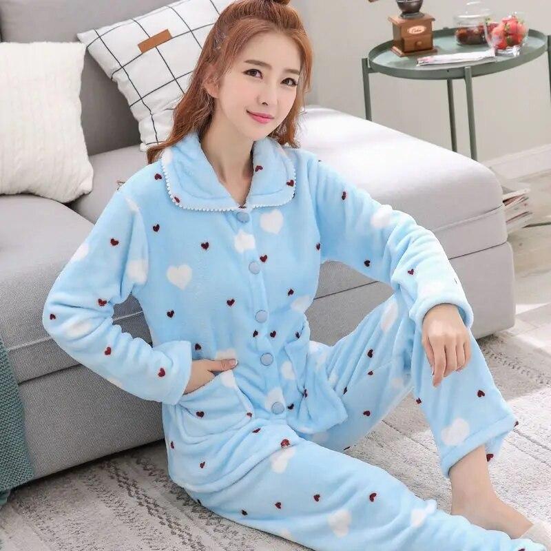 Herbst Winter Flanell frauen Pyjamas Sets Cartoon Gedruckt Nachtwäsche Warme Samt Homewear Set Kawaii Mädchen Pijamas Mujer Pyjamas M blau von Joom DACH