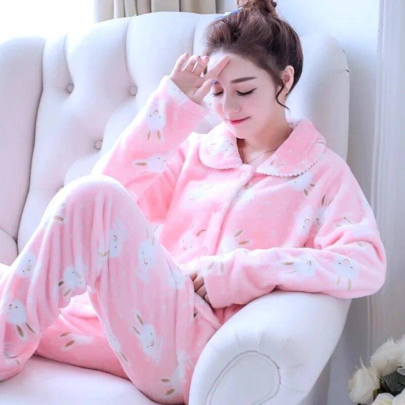 Herbst Winter Flanell frauen Pyjamas Sets Cartoon Gedruckt Nachtwäsche Warme Samt Homewear Set Kawaii Mädchen Pijamas Mujer Pyjamas XL rosa von Joom DACH