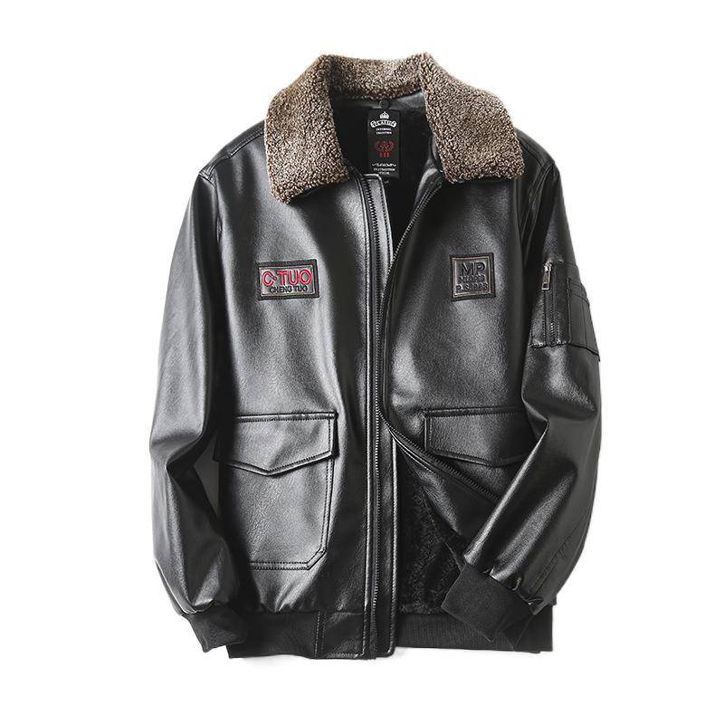 Herbst Winter Fluganzug Leder bedruckt Revers Netz rot Flug Lederjacke Herren warm Ledermantel Männer 60 von Joom DACH