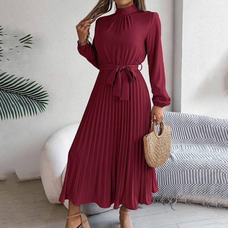 Herbst Winter Frauen Langarm Solide Plissee Hohe Taille A Linie Stehkragen Langes Kleid S-XXXL M bordeaux von Joom DACH