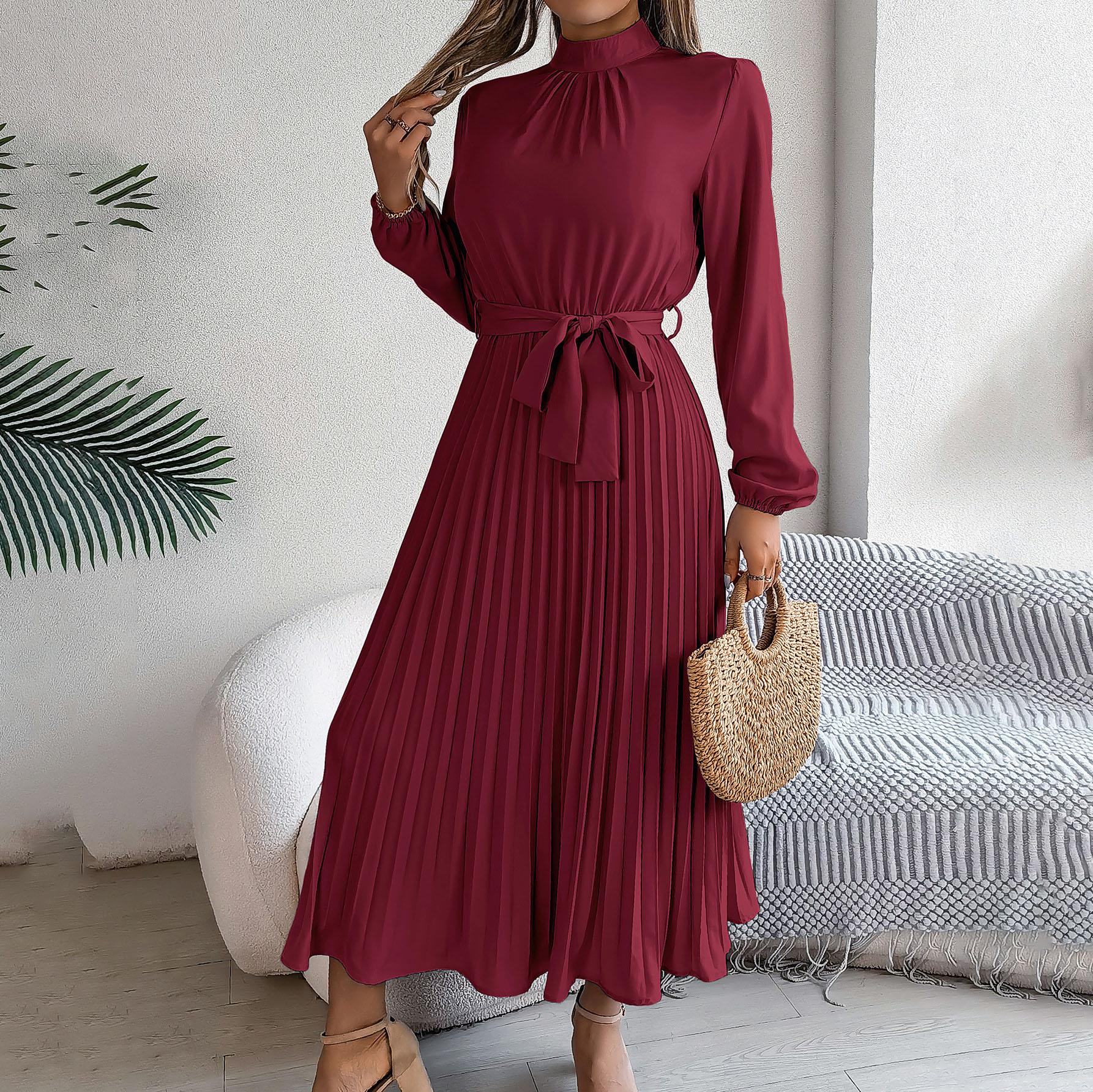 Herbst Winter Frauen Langarm Solide Plissee Hohe Taille A Linie Stehkragen Langes Kleid S-XXXL XL bordeaux von Joom DACH