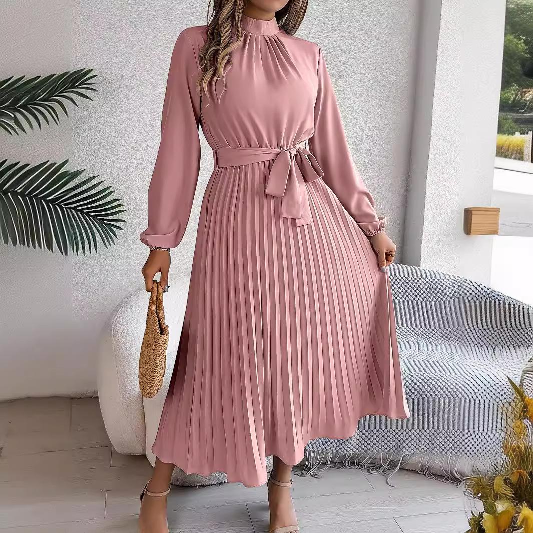 Herbst Winter Frauen Langarm Solide Plissee Hohe Taille A Linie Stehkragen Langes Kleid S-XXXL XL rosa von Joom DACH