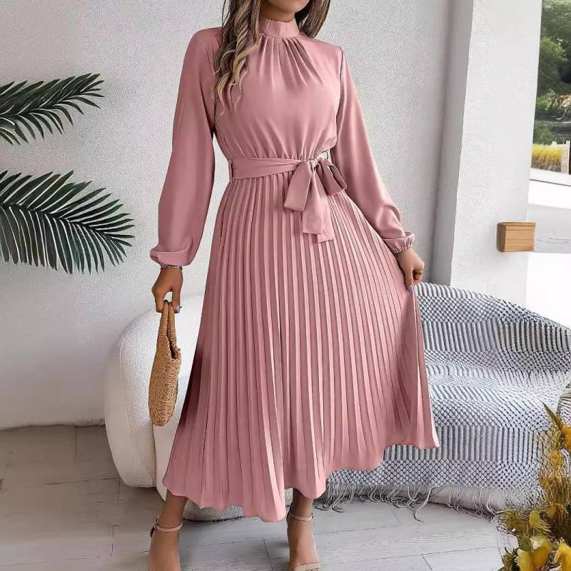 Herbst Winter Frauen Langarm Solide Plissee Hohe Taille A Linie Stehkragen Langes Kleid S-XXXL XL rosa Herbst Winter Frauen Langarm Solide Plissee Hohe Taille A Linie Stehkragen Langes Kleid S-XXXL XL rosa von Joom DACH