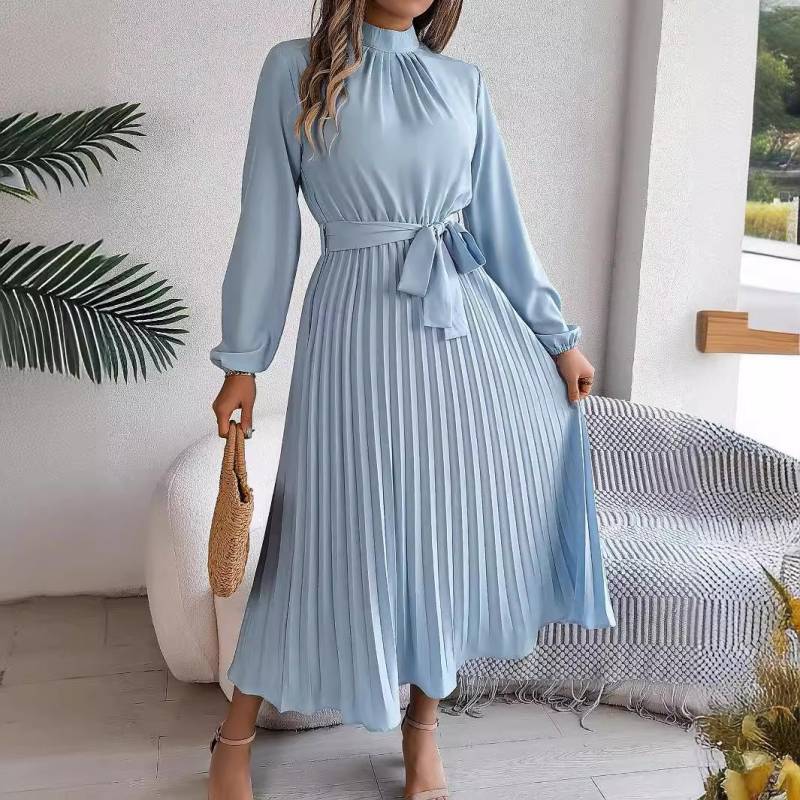 Herbst Winter Frauen Langarm Solide Plissee Hohe Taille A Linie Stehkragen Langes Kleid S-XXXL XXL rosa von Joom DACH
