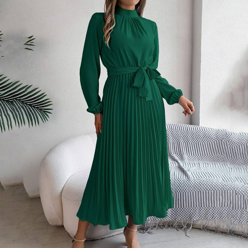 Herbst Winter Frauen Langarm Solide Plissee Hohe Taille A Linie Stehkragen Langes Kleid S-XXXL XXL grün von Joom DACH