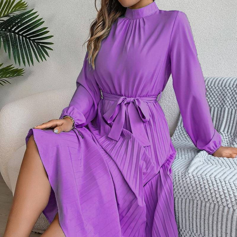 Herbst Winter Frauen Langarm Solide Plissee Hohe Taille A Linie Stehkragen Langes Kleid S-XXXL XXXL violett von Joom DACH