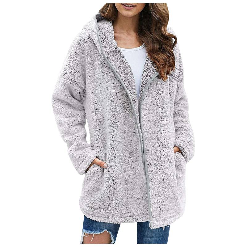 Herbst Winter Frauen Lange Teddy Jacke Warme Dicke Fleece Mantel Drehen Unten Kragen Plüsch Mantel Frau Casual Langarm Winter kleidung XXXL hellgrau von Joom DACH