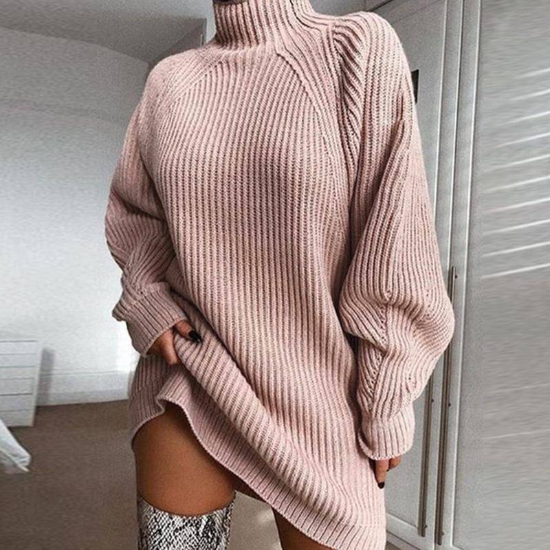 Herbst Winter Frauen Mode Einfarbig V-ausschnitt Spitze Up Gestrickte Pullover Kleid Casual Lose Lange Pullover Kleid Elegante Lange ärmel Dicke Warme Pullover M rosa von Joom DACH