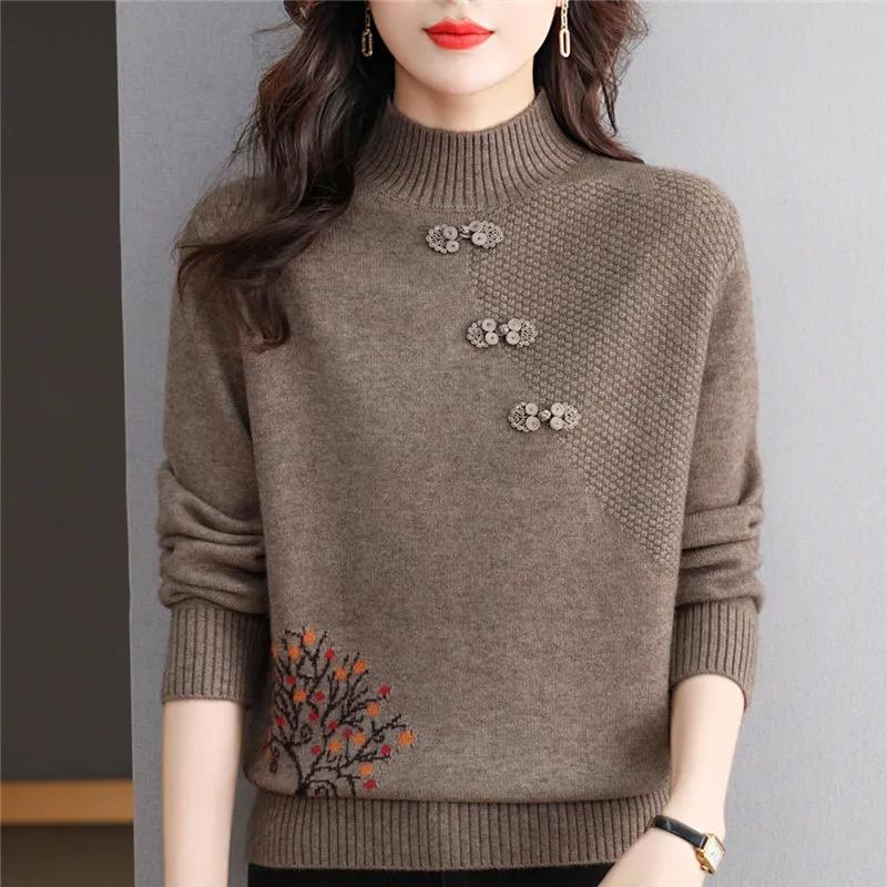 Herbst Winter Frauen Pullover Koreanische Mode Warme Bodenbildung Shirts Halb Hohe Kragen Grundlegende Strickwaren Solide Langarm Pullover XXXL braun von Joom DACH