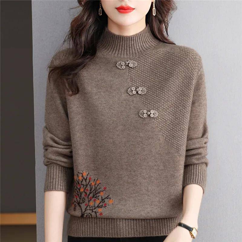 Herbst Winter Frauen Pullover Koreanische Mode Warme Bodenbildung Shirts Halb Hohe Kragen Grundlegende Strickwaren Solide Langarm Pullover XXXL braun von Joom DACH