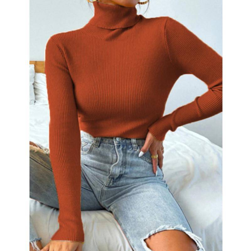 Herbst Winter Frauen Stricken Solide Rollkragen Pull Pullover Lässige Rippe Jumper Tops Weibliche Pullover Kleidung M hellbraun von Joom DACH