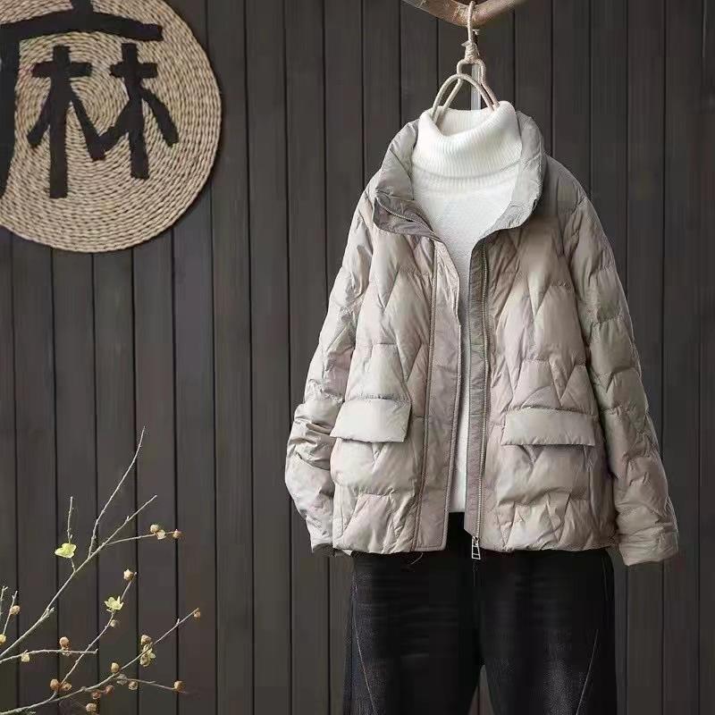 Herbst Winter Frauen Weiße Ente Unten Mantel Casual Stehkragen Zipper Taschen Parkas Jacke Lose Licht Unten Outwear M grau von Joom DACH