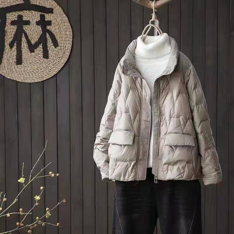 Herbst Winter Frauen Weiße Ente Unten Mantel Casual Stehkragen Zipper Taschen Parkas Jacke Lose Licht Unten Outwear M grau von Joom DACH