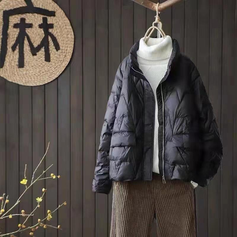 Herbst Winter Frauen Weiße Ente Unten Mantel Casual Stehkragen Zipper Taschen Parkas Jacke Lose Licht Unten Outwear M schwarz von Joom DACH