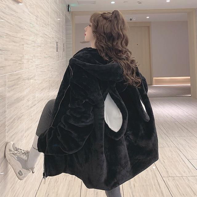 Herbst Winter Gothic Harajuku Paar Hoodies Niedlichen Kaninchen Ohren Schwarz Mit Kapuze Outwear Frauen Süße Koreanische Lose Warme Plüsch Mäntel XL schwarz von Joom DACH