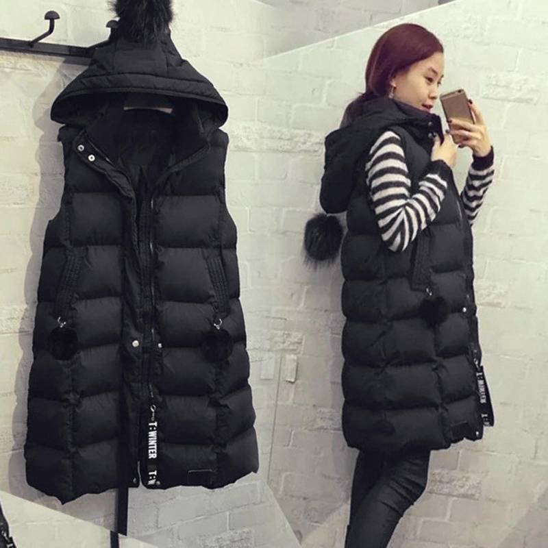 Herbst Winter Große Größe Frauen Mittel Bis Lang Parkas Weste Warm Schwarz Reißverschluss Mit Kapuze Daunenmantel Parka Damen Ärmellose Weste Jacke Outwear XXL schwarz von Joom DACH
