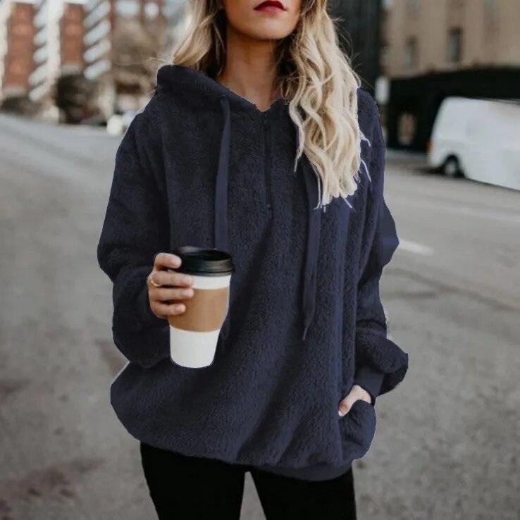 Herbst Winter Hoodies Langarm Warm Mantel Pullover Sweatshirt Plüsch Rollkragen Zipper Neck Frauen Flauschigen Lose Mit Kapuze Oberbekleidung 5XL navy blau von Joom DACH