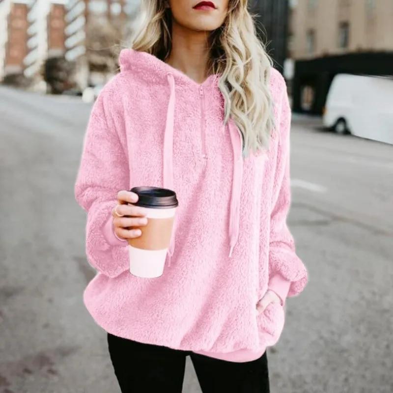 Herbst Winter Hoodies Langarm Warm Mantel Pullover Sweatshirt Plüsch Rollkragen Zipper Neck Frauen Flauschigen Lose Mit Kapuze Oberbekleidung 5XL rosa von Joom DACH