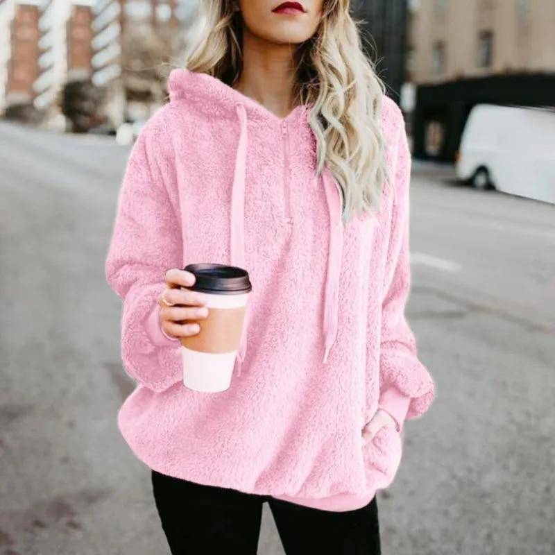 Herbst Winter Hoodies Langarm Warm Mantel Pullover Sweatshirt Plüsch Rollkragen Zipper Neck Frauen Flauschigen Lose Mit Kapuze Oberbekleidung 5XL rosa von Joom DACH