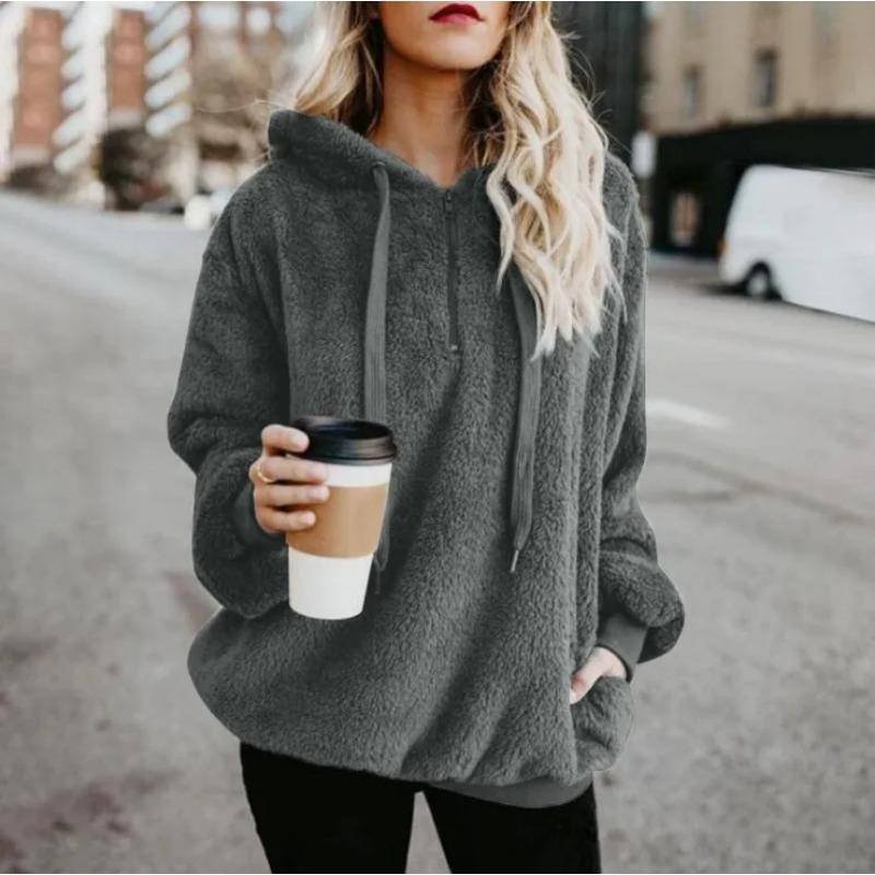 Herbst Winter Hoodies Langarm Warm Mantel Pullover Sweatshirt Plüsch Rollkragen Zipper Neck Frauen Flauschigen Lose Mit Kapuze Oberbekleidung 5XL dunkelgraue von Joom DACH