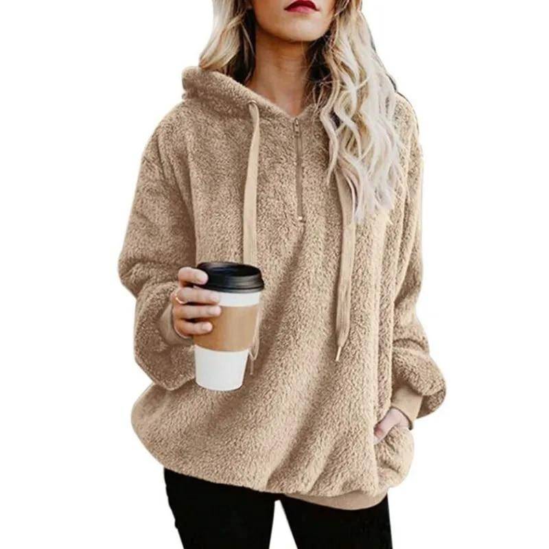 Herbst Winter Hoodies Langarm Warm Mantel Pullover Sweatshirt Plüsch Rollkragen Zipper Neck Frauen Flauschigen Lose Mit Kapuze Oberbekleidung M beige von Joom DACH