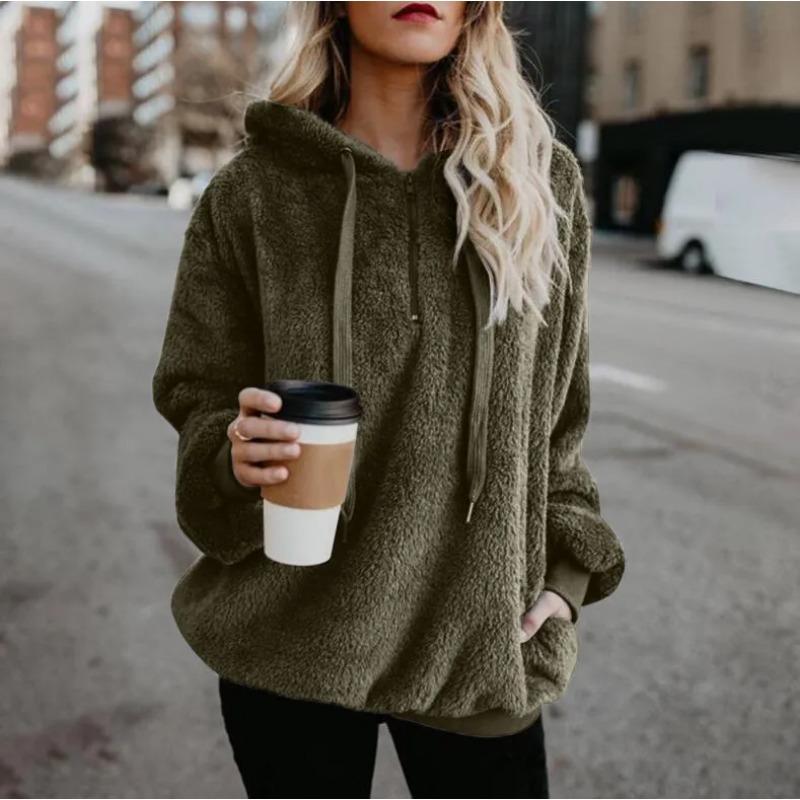 Herbst Winter Hoodies Langarm Warm Mantel Pullover Sweatshirt Plüsch Rollkragen Zipper Neck Frauen Flauschigen Lose Mit Kapuze Oberbekleidung M armee grüne von Joom DACH