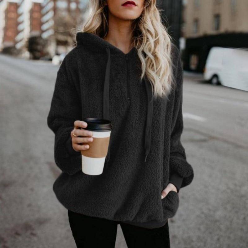 Herbst Winter Hoodies Langarm Warm Mantel Pullover Sweatshirt Plüsch Rollkragen Zipper Neck Frauen Flauschigen Lose Mit Kapuze Oberbekleidung XL schwarz von Joom DACH
