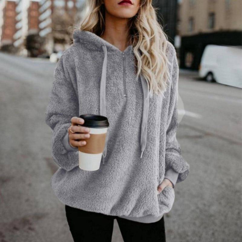 Herbst Winter Hoodies Langarm Warm Mantel Pullover Sweatshirt Plüsch Rollkragen Zipper Neck Frauen Flauschigen Lose Mit Kapuze Oberbekleidung XL licht grau von Joom DACH